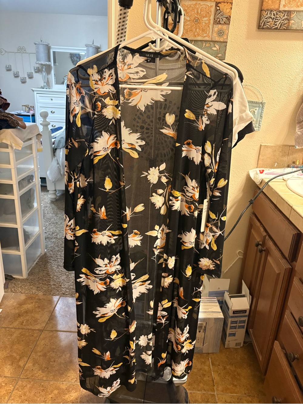 iris Black Sheer Floral Longline Cardigan with White and Yellow Blooms